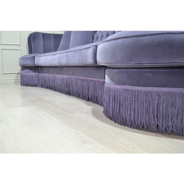 Indigo Velvet Tufted Sofa with Fringe by Dorothy Draper For Sale - Image 6 of 7