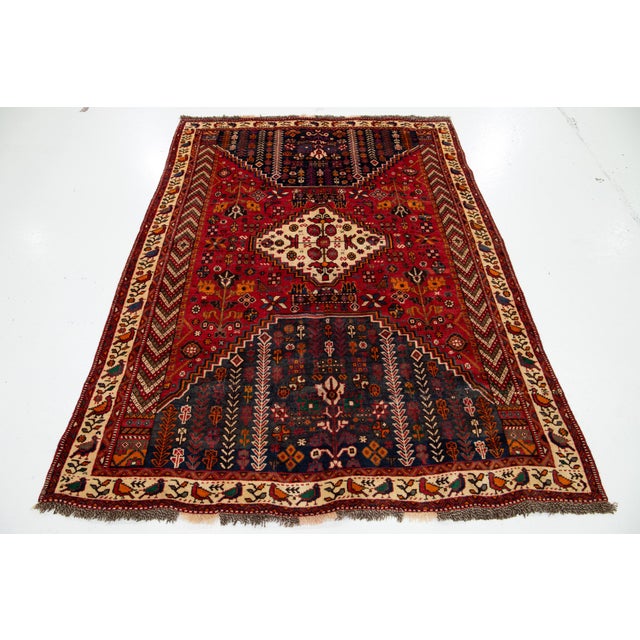 1960s 5 X 7 Vintage Shiraz Handmade Wool Rug in Red and Blue For Sale - Image 5 of 8