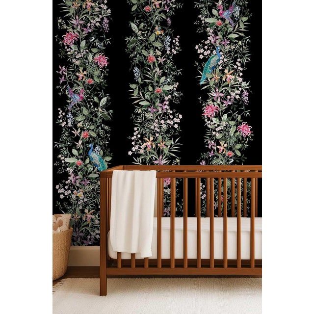 Chinoiserie Mahjong Floral Stripe Grasscloth Wallpaper by House Party | Blank Black | 6 Yards For Sale - Image 3 of 8
