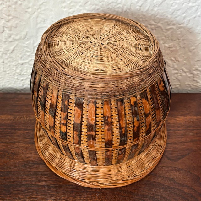 Vintage Wicker Planter Basket With Burnt Bamboo Ribs For Sale - Image 4 of 5