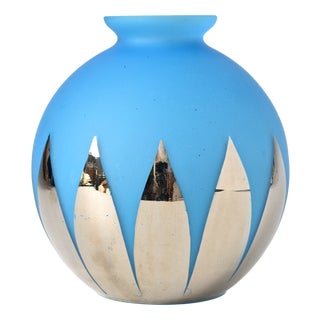 Spherical Blue Frosted Glass Vase with Silver Mirror Decoration, 1940s For Sale
