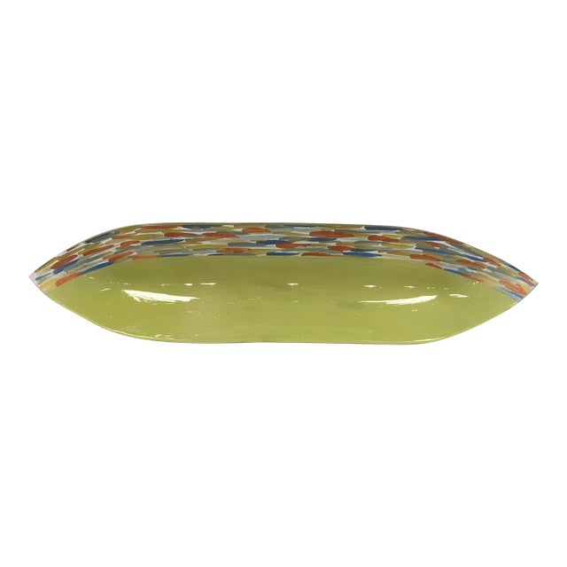 1990s Contemporary Lime and Multi-Colored Boat-Shaped Art Glass Dish For Sale