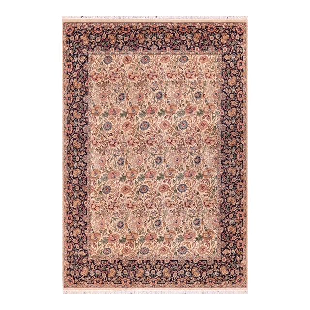 Shabby Chic Floral 1990's Pak-Persian Ivory/Blue Wool Rug - 9'1'' X 12'7'' For Sale
