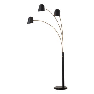 Mid-Century Culver 3-Light Arc Floor Lamp by Nova of California - Matte Black Base, Brass Gold Arms, Black Metal Shades For Sale