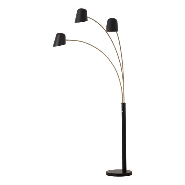 Mid-Century Culver 3-Light Arc Floor Lamp by Nova of California - Matte Black Base, Brass Gold Arms, Black Metal Shades For Sale