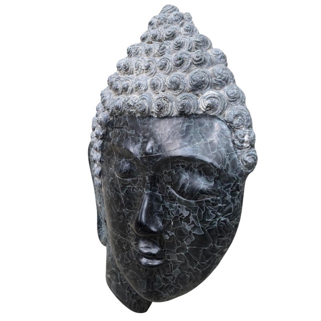 Stone Vintage Hand-Carved Thai Black Marble Buddha Head Sculpture For Sale - Image 7 of 8