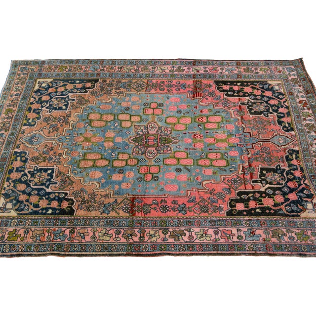 Cerulean Antique Bidjar Area Rug With Medallion in Soft Rose and Cerulean Blue 4x5 For Sale - Image 8 of 9