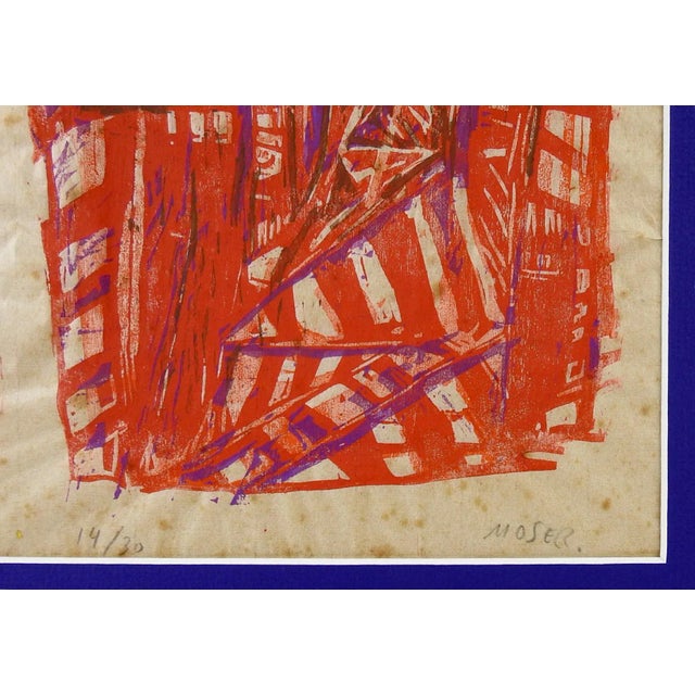 Vintage Mid 20th century abstract color woodcut by Wilfred Moser (1914-1997) Switzerland. Red composition, signed and...
