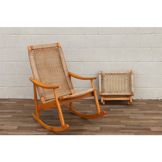 Mid-Century Modern Yugoslavian Woven Rocking Chair & Folding Ottoman | Circa 1960s For Sale - Image 4 of 18