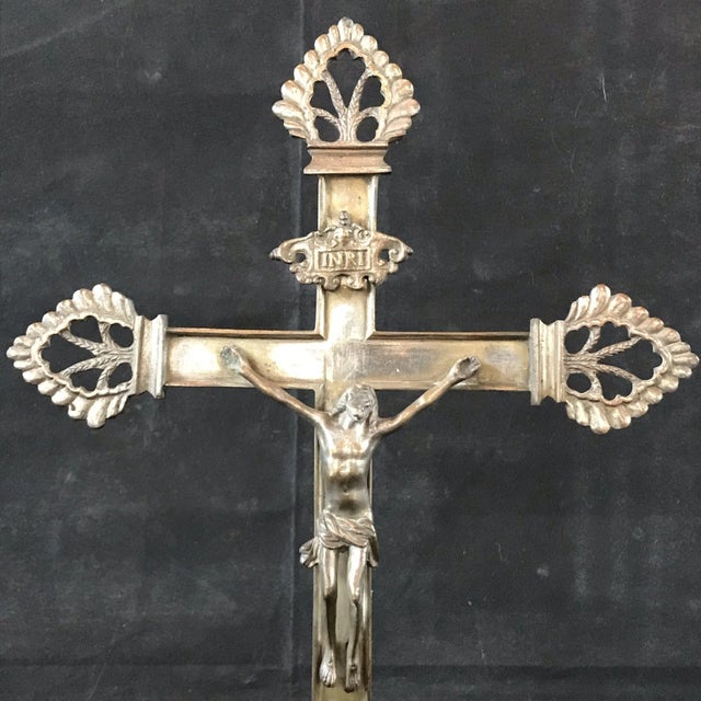 Metal 19th Century Silver Candle Holders/Candelabra and Crucifixion Cross From the Altar of a Church in France - Set of 3 For Sale - Image 7 of 13