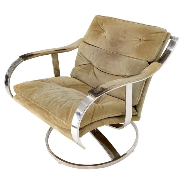 Heavy Gage Polished Stainless Steel Swivel Base Suede Upholstery Lounge Chair For Sale - Image 13 of 13