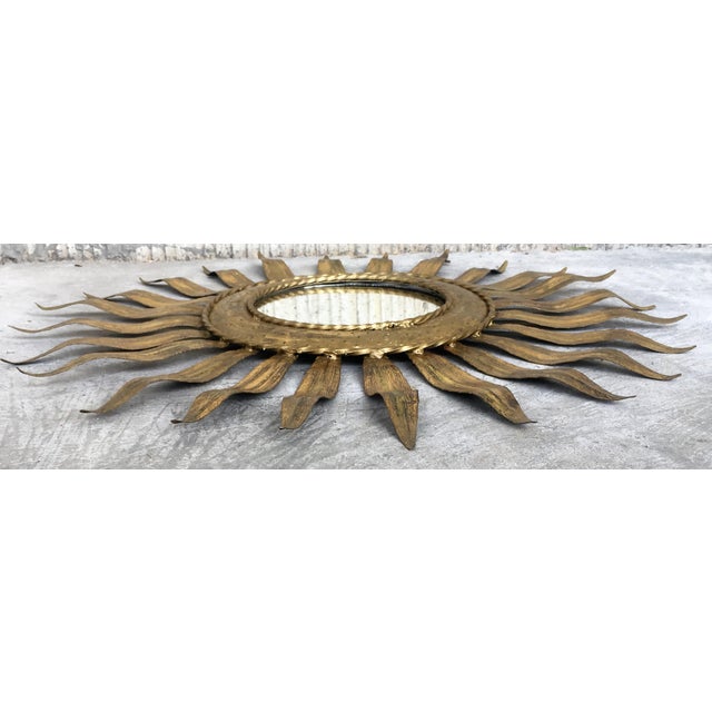1960s Mid-Century Modern Gilt Iron Layered Leafed Flower Shaped Sunburst Mirror For Sale - Image 5 of 13
