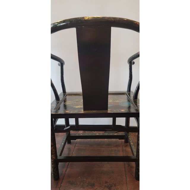 Chinese Horseshoe Chairs Black Lacquer Hand Painted Pair For Sale - Image 9 of 13