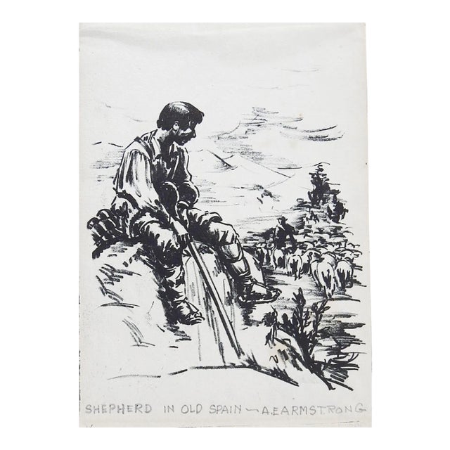 Spanish Shepherd Lithograph by A. E. Armstrong For Sale
