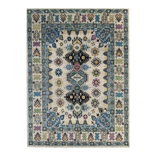 9x12 Ivory Hand-Knotted Wool Stacked Diamond Motifs Traditional Carpet Rug For Sale