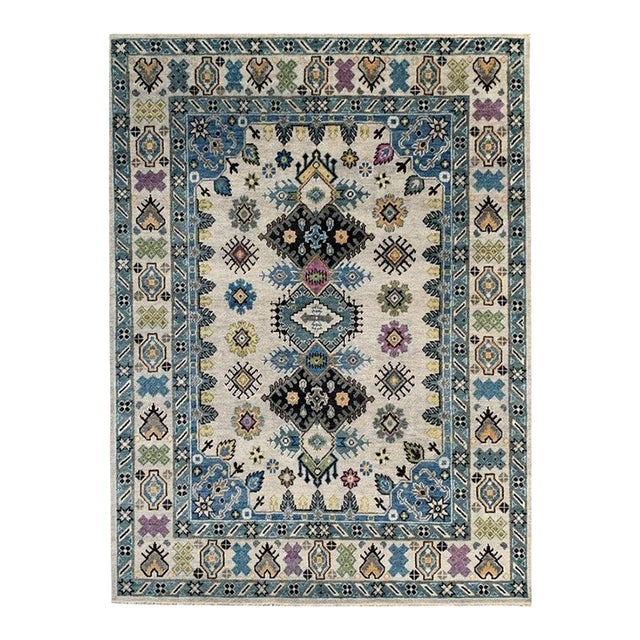 9x12 Ivory Hand-Knotted Wool Stacked Diamond Motifs Traditional Carpet Rug For Sale