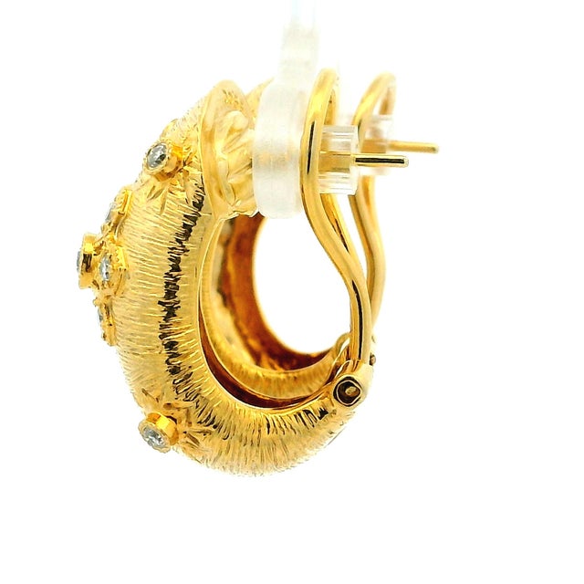 Gold Vintage Brushed Yellow 14K Gold Hoop Earrings with Diamonds For Sale - Image 8 of 14