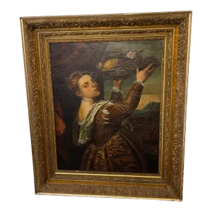 Late 19th Century Oil on Canvas Painting Depicting a Renaissance Woman Carrying a Basket of Fruits