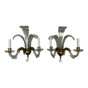 Early 20th Century French Foliate Cut Crystal and Bronze Sconces, Set of 2