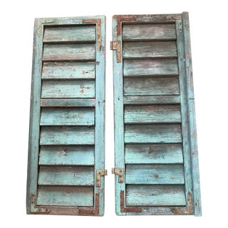 1900's French Robins Egg Blue Painted Wooden Window Shutters /Pr For Sale