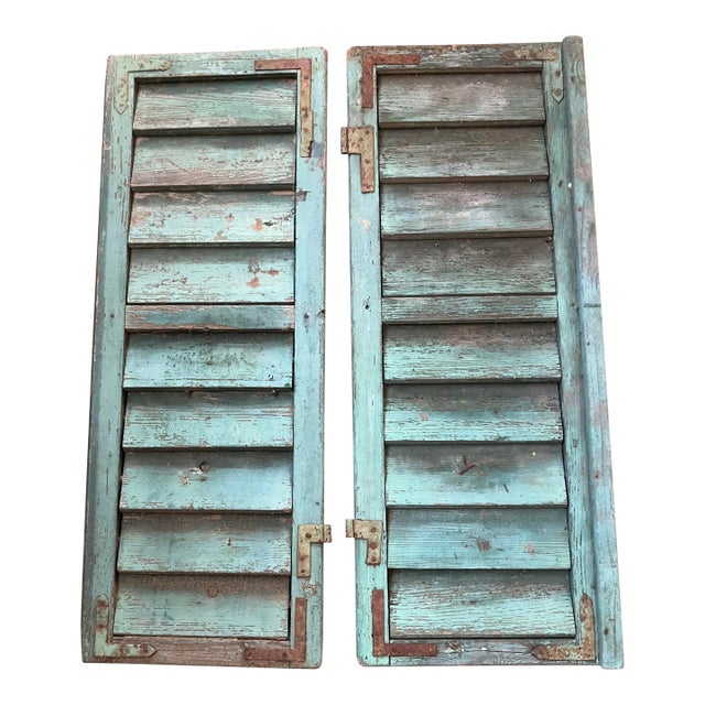 1900's French Robins Egg Blue Painted Wooden Window Shutters /Pr For Sale