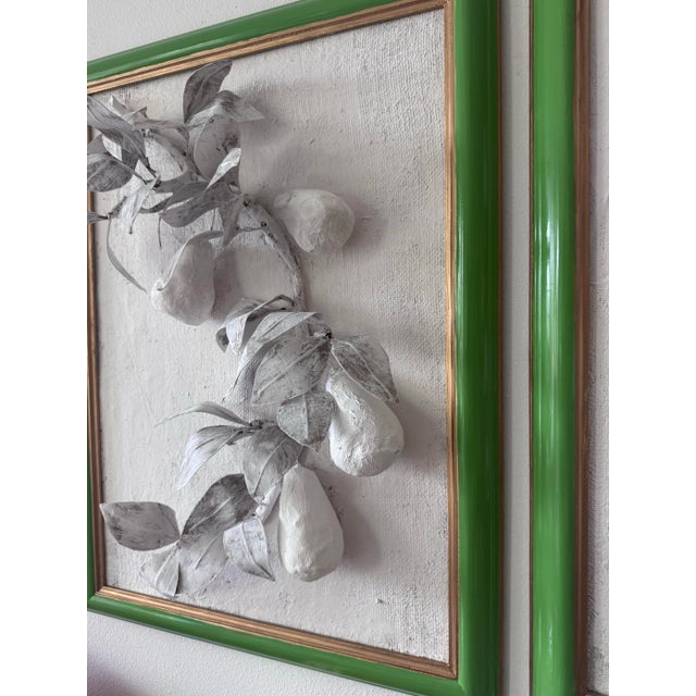 2020s Paper Mache & Plaster Pear Branches Set in Green Lacquer Frames, a Pair For Sale - Image 5 of 7