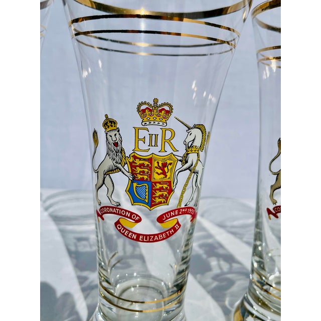 Glass 1950s Set of 6 Antique Queen Elizabeth II Coronation Tall Glasses For Sale - Image 7 of 12