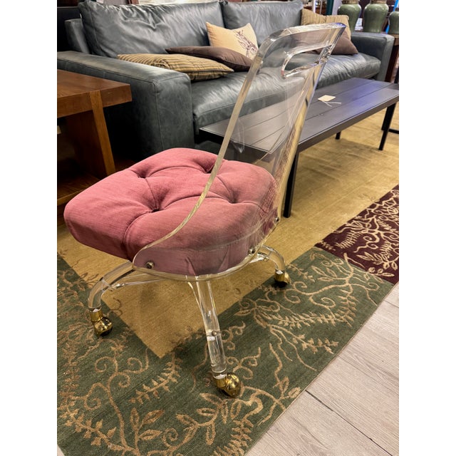 Maroon 1970s Vintage Mid-Century-Modern Hill MFG Lucite and Brass Slipper Chair with Wheels Attributed to Charles Hollis Jones For Sale - Image 8 of 10