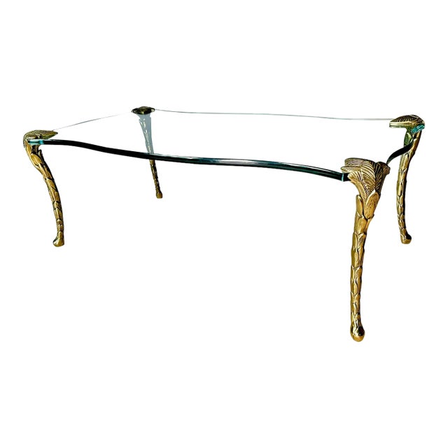 Mid Century p.e. Guerin Style Brass & Glass Coffee Table With Frond Legs For Sale