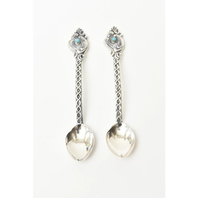 Metal Vintage Sterling Silver and Turquoise Demitasse and Serving Spoons Set of 14, Brazil For Sale - Image 7 of 10