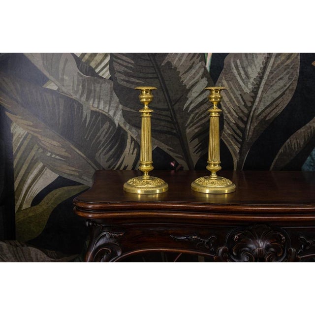 Antique French Brass Candlesticks with Floral Motifs, 1920s, Set of 2 For Sale - Image 3 of 18