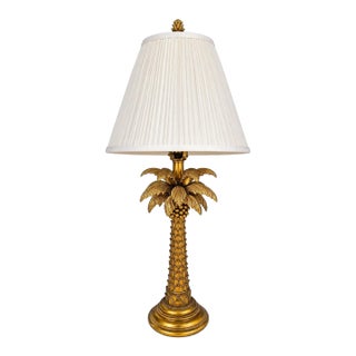 Vintage Hollywood Regency Gilt Palm Tree Table Lamp With Pleated Shade For Sale