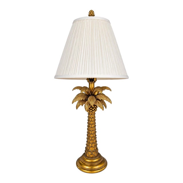 Vintage Hollywood Regency Gilt Palm Tree Table Lamp With Pleated Shade For Sale