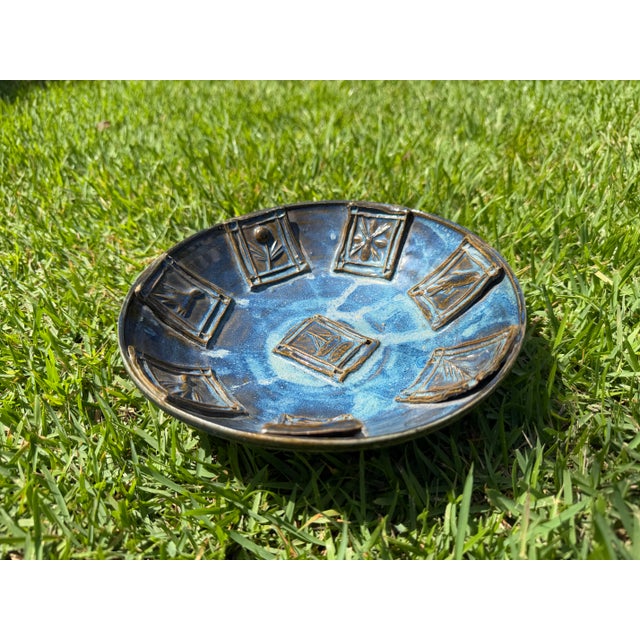 Royal Blue Vintage Handcrafted Studio Pottery Bowl With Raised Botanical Panels, 8” For Sale - Image 8 of 12