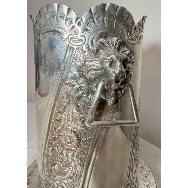 Victorian Antique 1800's Tooled Silverplate Lion Handles Champagne Wine Chiller Ice Bucket For Sale - Image 3 of 14