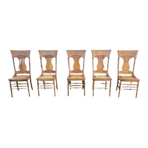 Antique Tiger Oak Lyre Back Cane Seat Dining Chairs - Set of 5