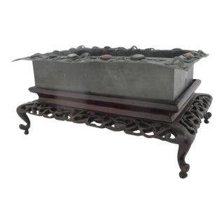 Chinese Inlaid Jade & Carnelian Pewter Decorative Tray Box on Carved Wood Stand For Sale