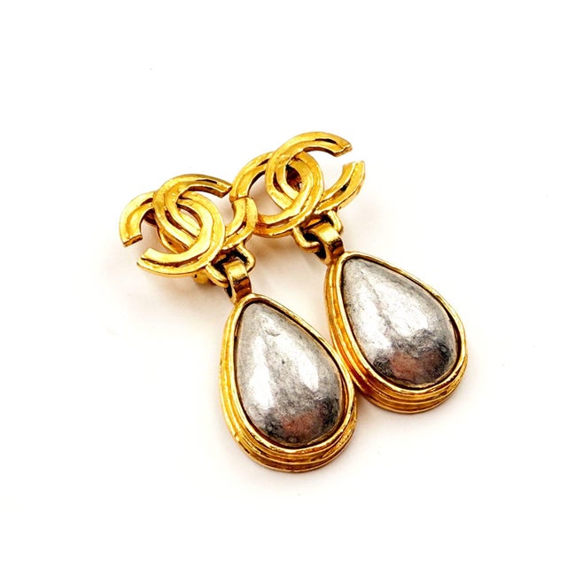 Chanel Chanel Vintage Gold Plated CC Silver Stone Tear Drop Dangle Clip on Earrings, A Pair For Sale - Image 4 of 5