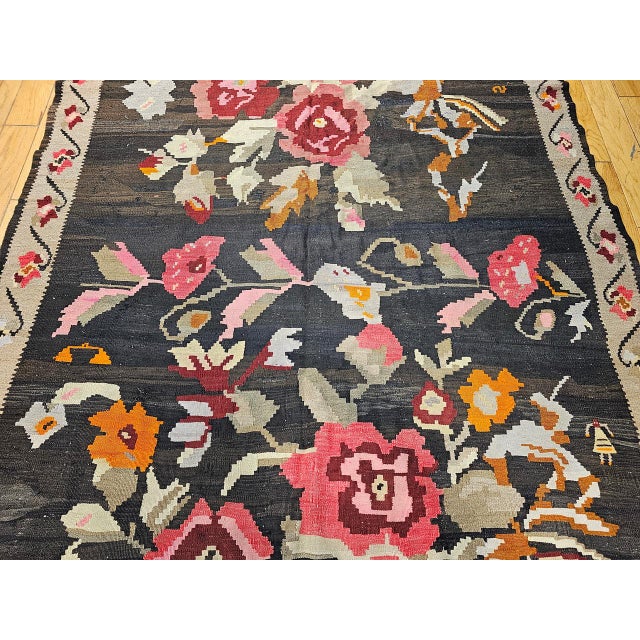 Vintage Caucasian Karabagh Kilim, Flat-Woven Wool, Allover Floral Pattern, Chocolate & Red, 7x13 For Sale - Image 9 of 15