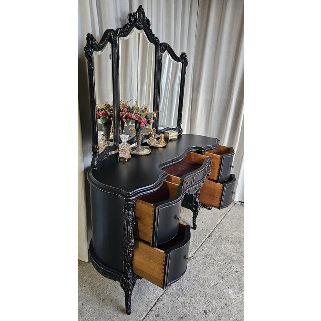 Black 1930s Black Vanity With Three-Panel Mirror, Rococo Style Vintage Carved Vanity. For Sale - Image 8 of 18