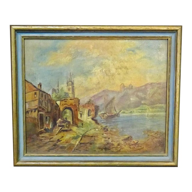 Antique 19th Century Oil Painting of a Rural Coastal Scene Gilt Frame For Sale