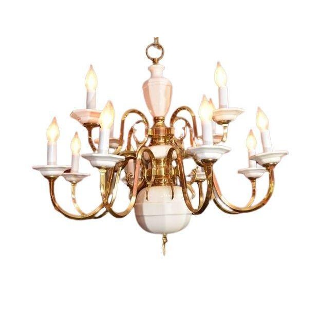 1970s Georgian Candle-Style 2-Tier Polished Brass White Porcelain Chandelier For Sale - Image 10 of 10