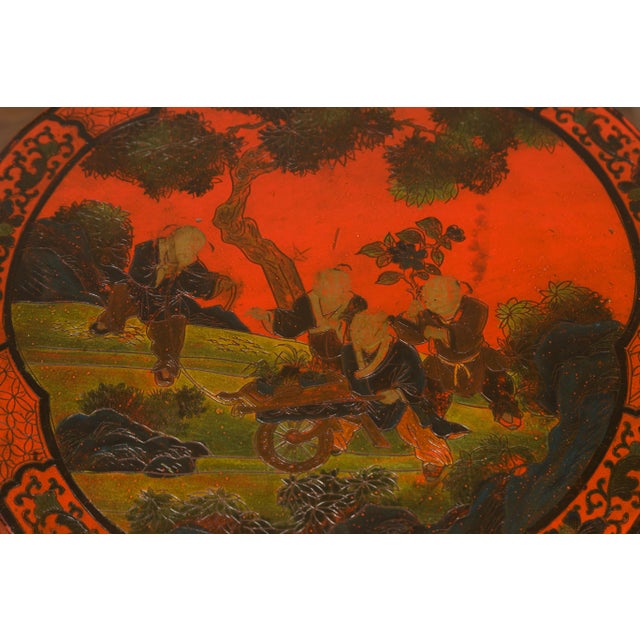 Chinese Ming Dynasty Style 1920s Red and Black Lacquered Drum Stool or Table For Sale - Image 9 of 12