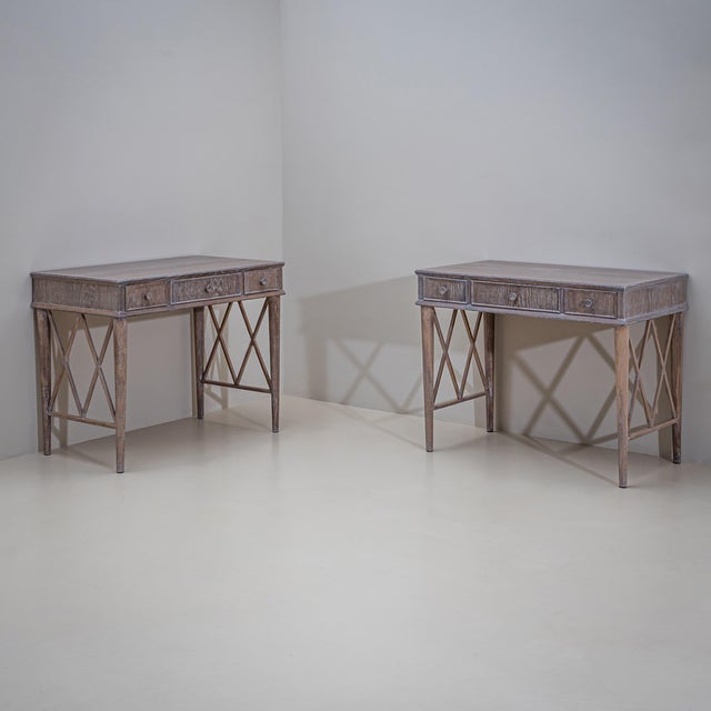 Pair of Mid-Century Modern Desks in Limed Oak, Lattice Design, 1950s For Sale - Image 14 of 14