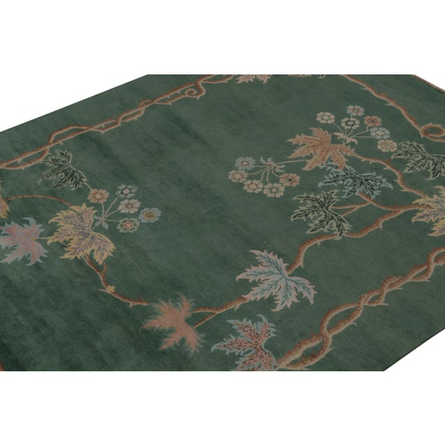 Rug & Kilim Rug & Kilim Chinese Style Art Deco Rug in Green with Brown & Blue Floral Patterns - 9'x12' For Sale - Image 4 of 8