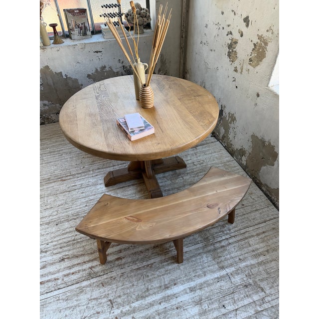 Vintage Round Oak Table and Benches, 1950s, Set of 3 For Sale - Image 13 of 18