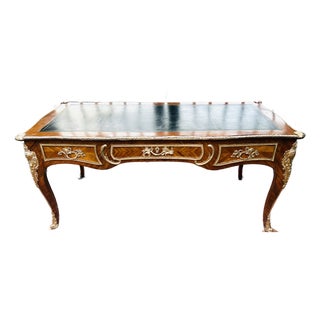 Mid 20th Century French Louis XV Bureau Plat Desk With Ormolu Mounts, Leather Top & Herringbone Parquetry Veneers For Sale