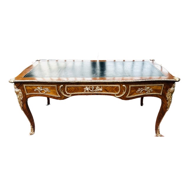 Mid 20th Century French Louis XV Bureau Plat Desk With Ormolu Mounts, Leather Top & Herringbone Parquetry Veneers For Sale