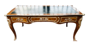 Mid 20th Century French Louis XV Bureau Plat Desk With Ormolu Mounts, Leather Top & Herringbone Parquetry Veneers