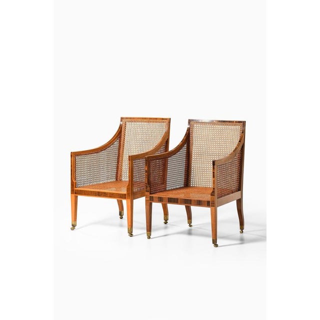 Wood Bergère Armchairs in Cane with Leather and Mahogany by Kaare Klint, 1931, Set of 2 For Sale - Image 7 of 14